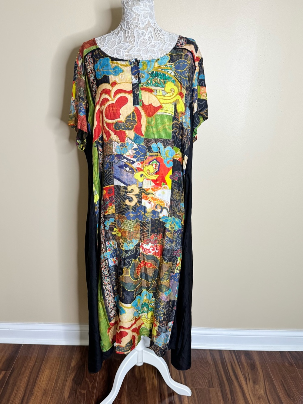 New Citron Santa Monica Maxi Silk Dress size 3X Black Short Sleeves Art to Wear